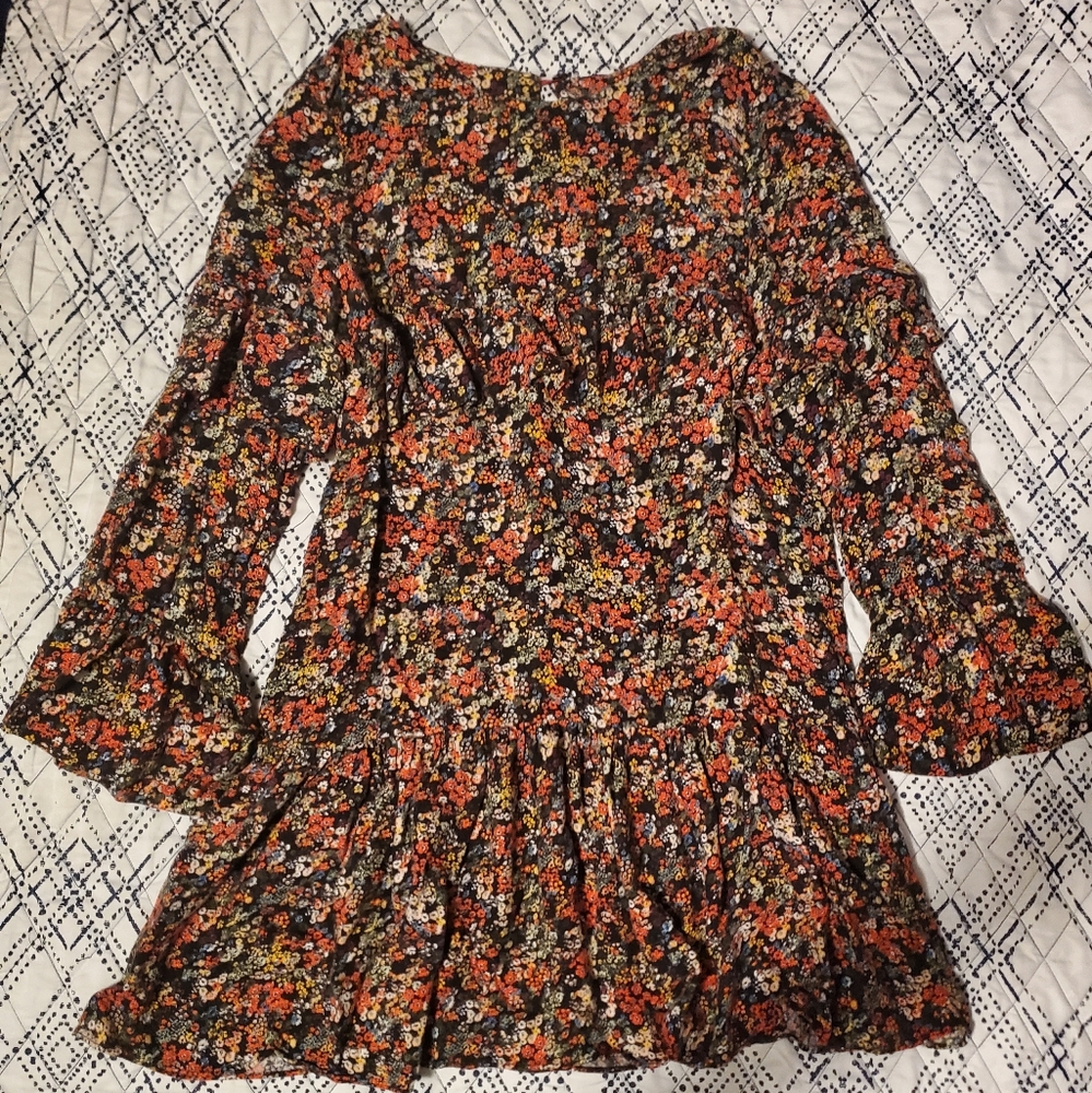 Floral Painting Ruffled Tunic Dress Blouse